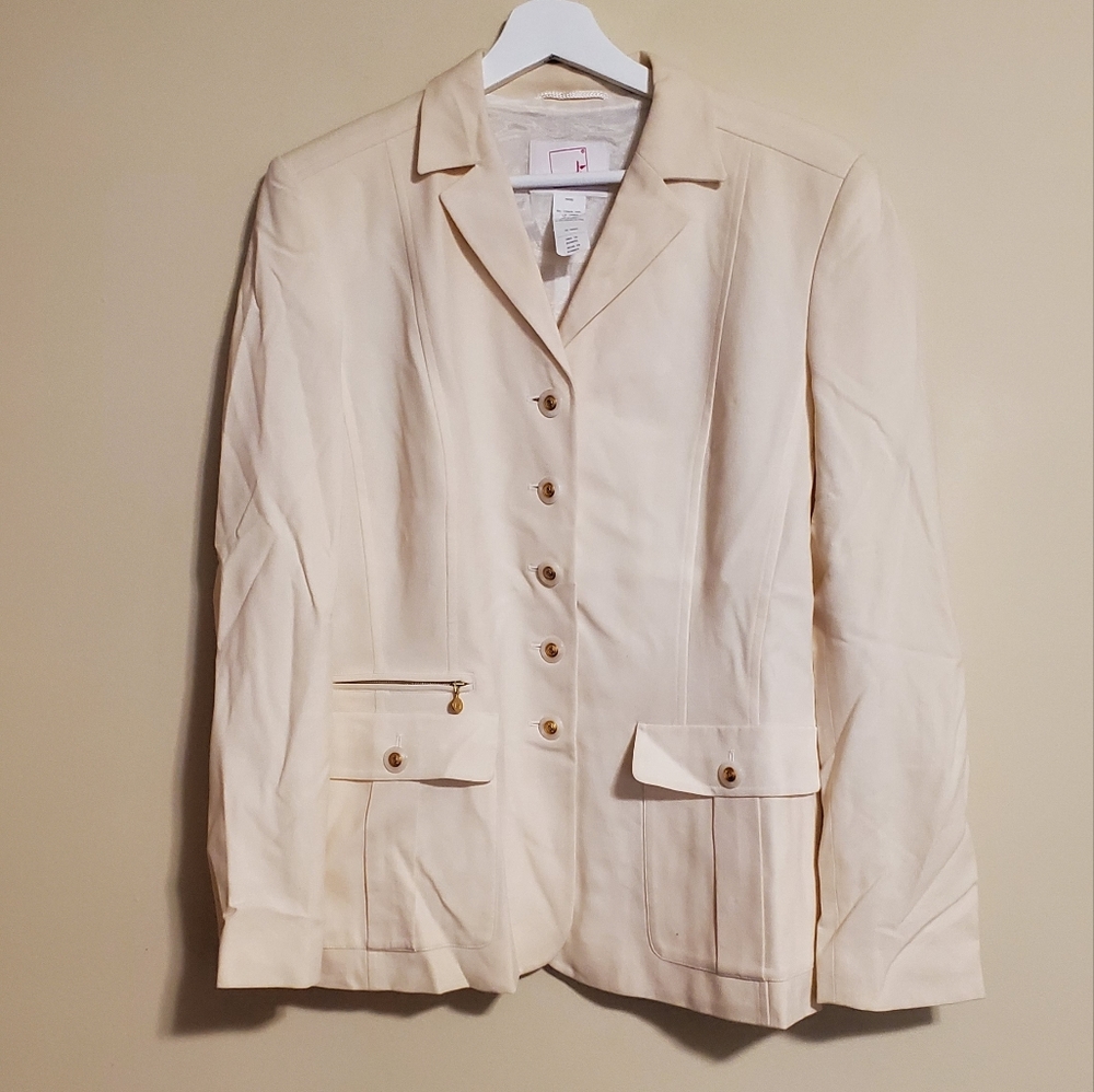 Mondi Women's Cream Gold Button Up Lined Blazer Jacket Virgin Wool Sz 40